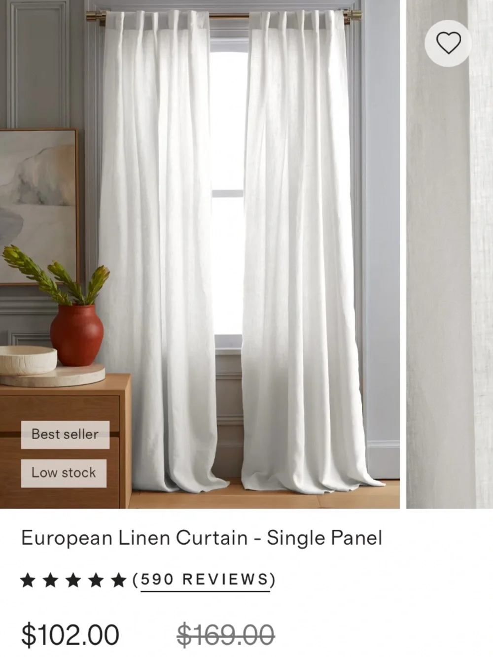 *NWT QUINCE Set Of 2 48x108 European Linen Curtains Cream 8392